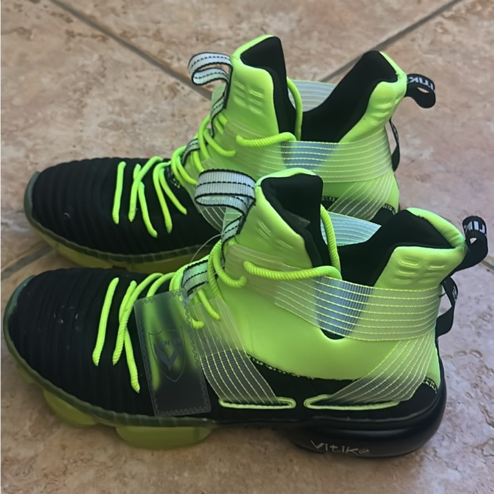 Kids Neon Green and Black High-Top Sneakers